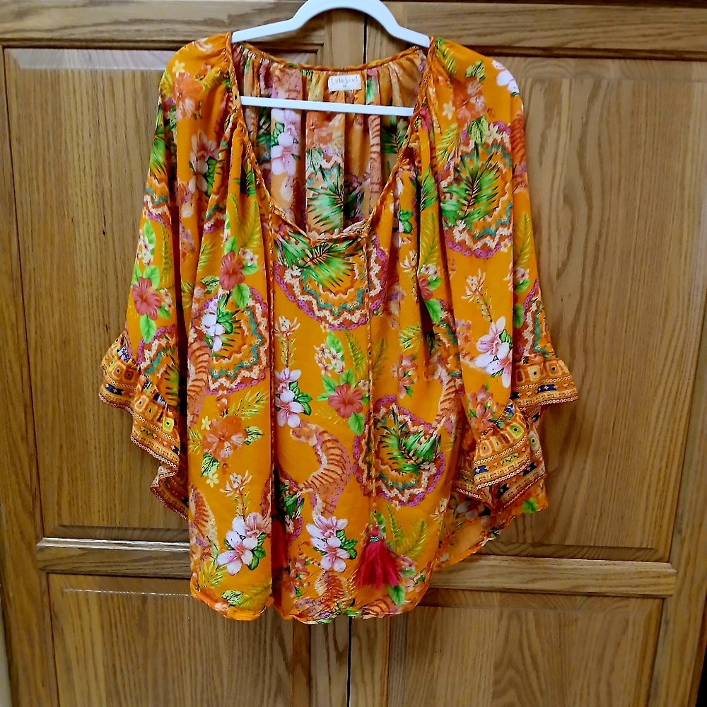 Lula Soul 2X Orange Floral Peasant Blouse with tassel ties